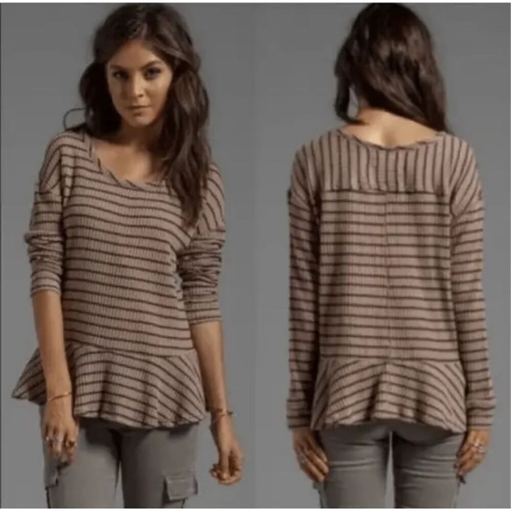 Free People Women's Striped Fringe Neck Thermal Peplum Top Brown Black Size XS